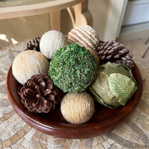 Decorative Hand Carved Wooden Bowl with Assorted Orbs Ball Fillers & Pine Cones - Picture 7 of 13
